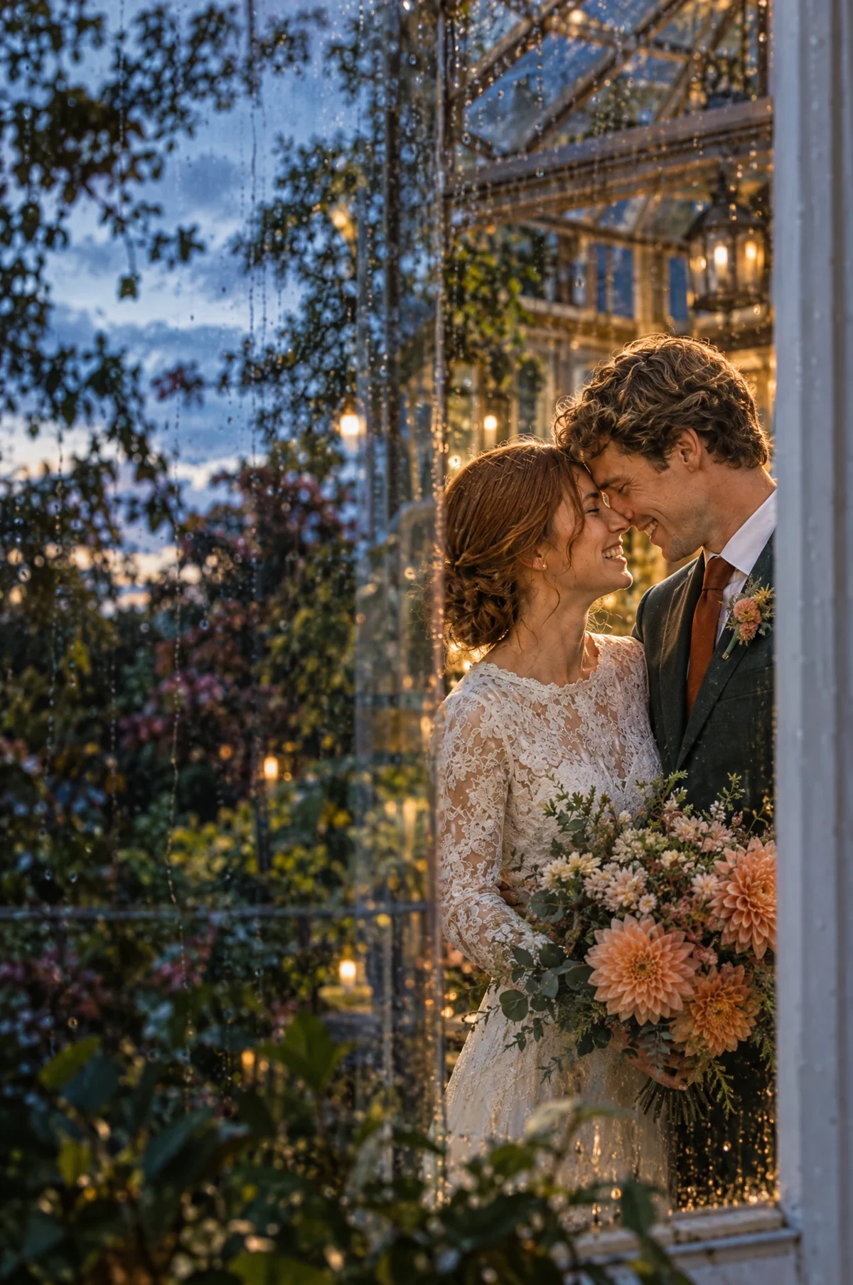 A bride reflected in the glass of a sunlit greenhouse