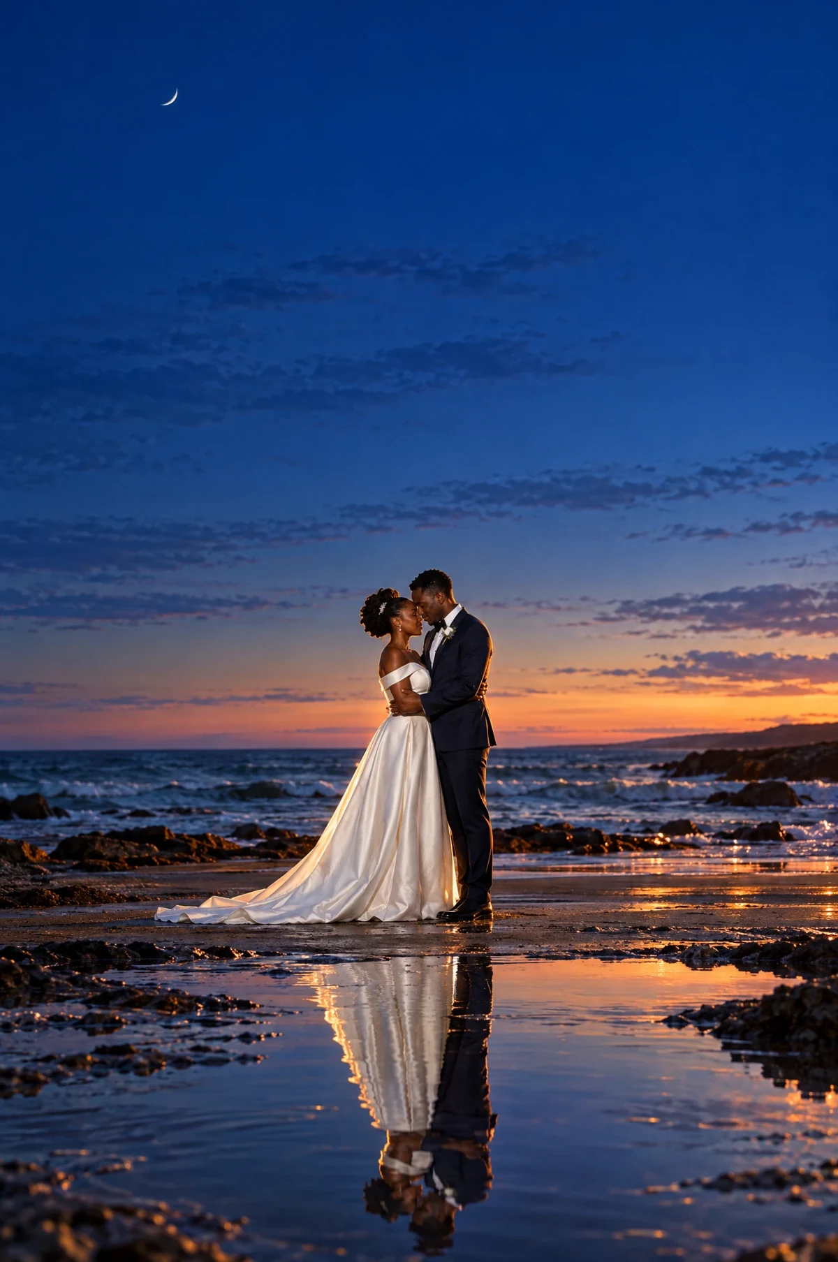 A wedding couple beside the ocean beneath the moon