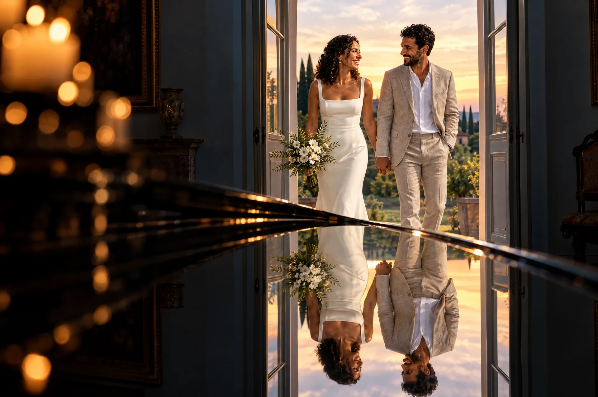 A couple walking together through a warmly lit doorway