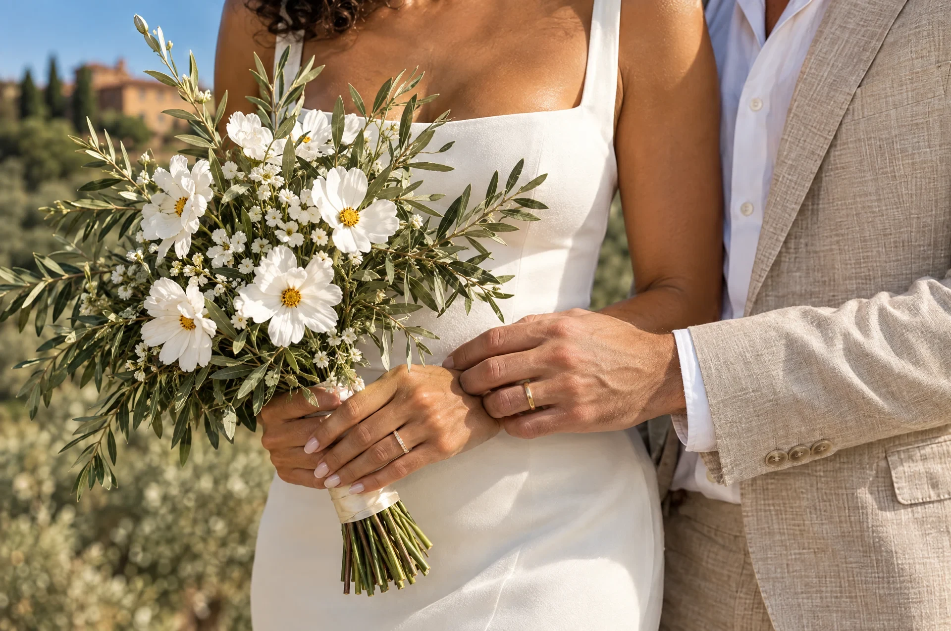 Close detail of Cindy’s bouquet and Jeremy’s linen suit