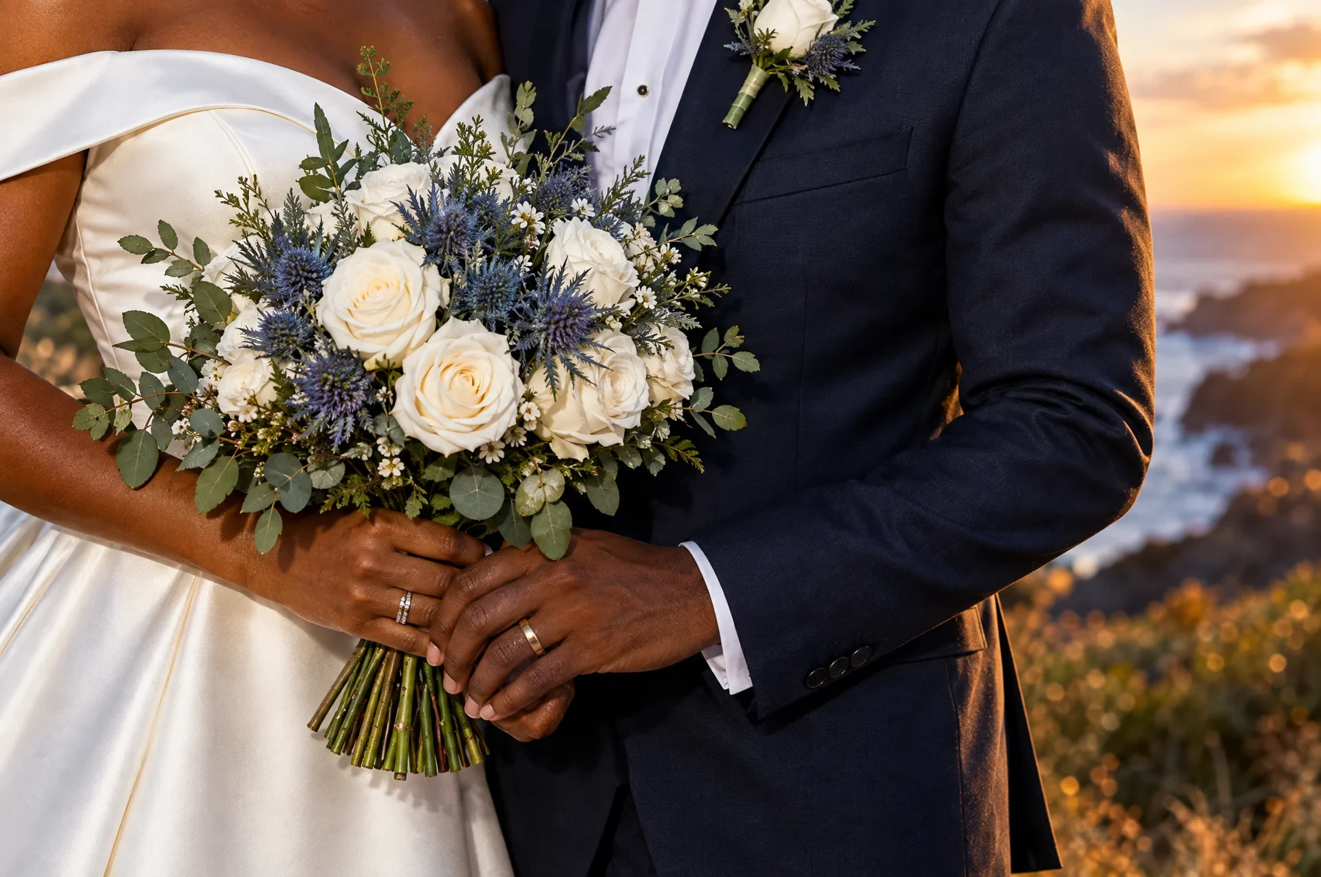 A close view of Pearl’s white bouquet against Leroy’s navy suit