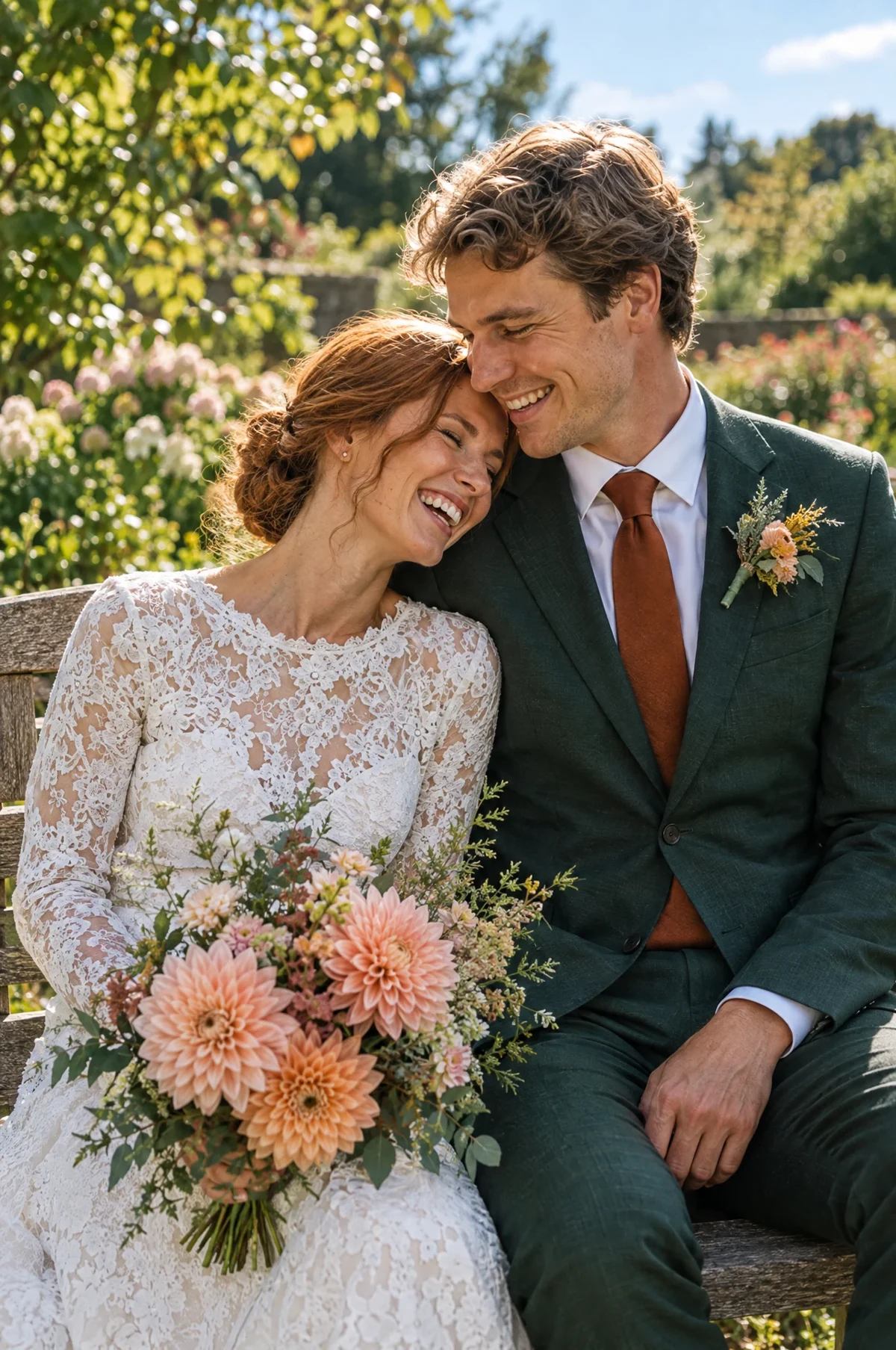 Peter and Erin leaning together in a quiet garden moment