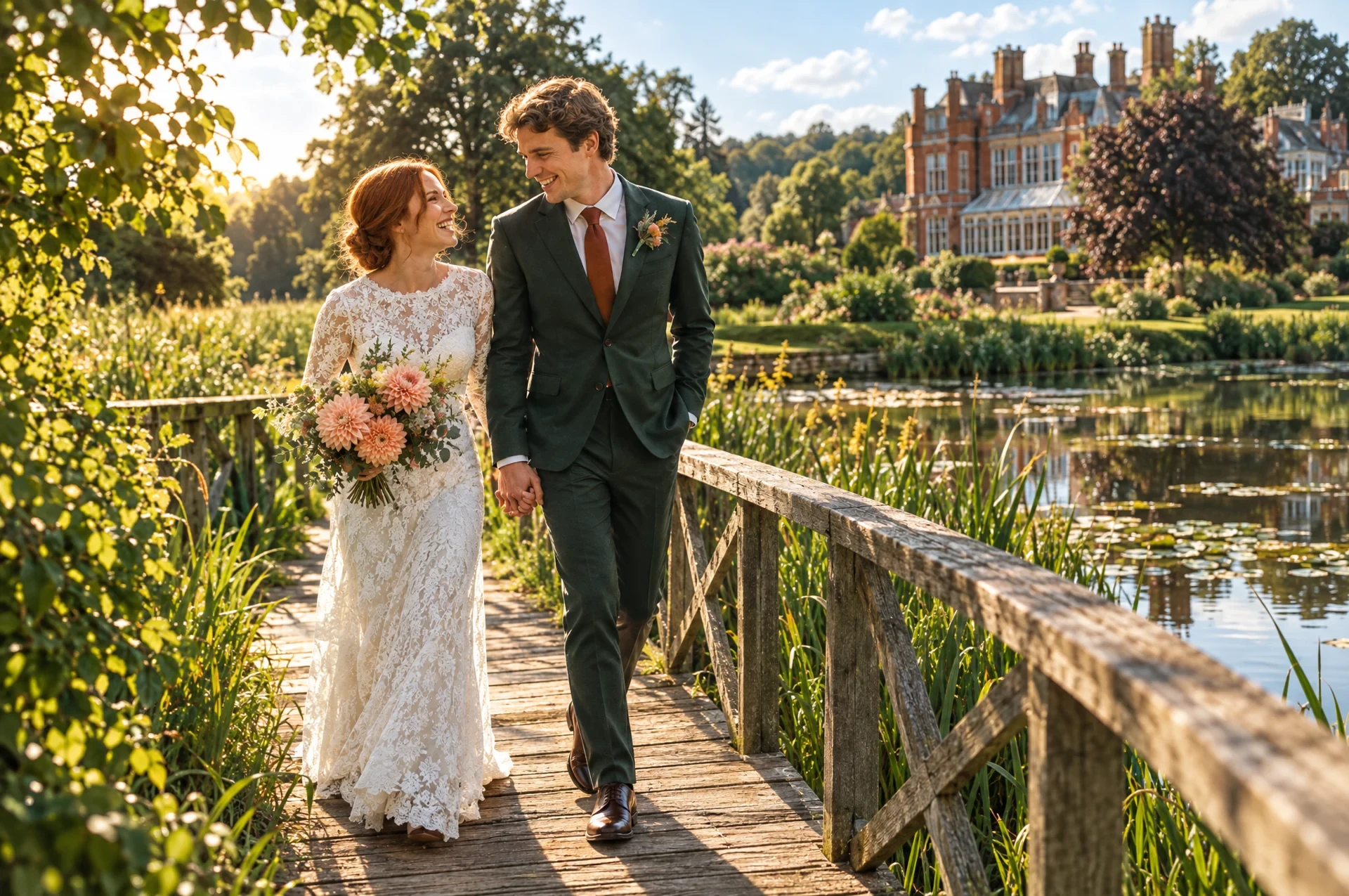 Peter and Erin walking together across a wooden garden bridge