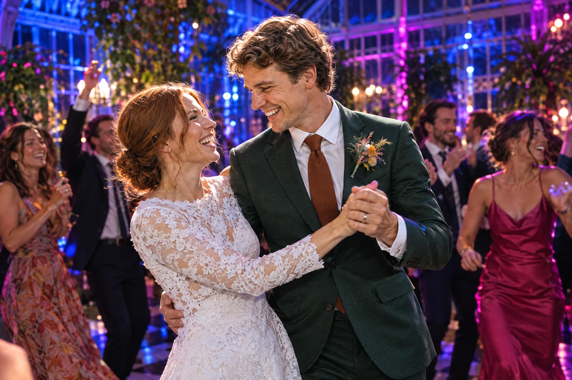 Peter and Erin dancing together amid colourful party lights