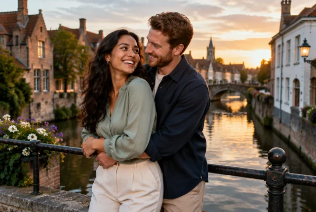 Dwight and Angela embracing beside a canal